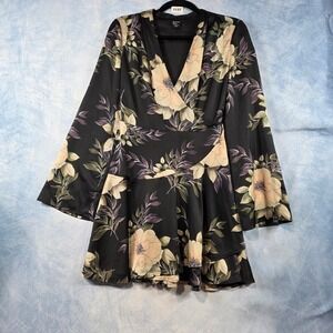 Marciano for Guess Floral Bell Sleeve Mini Dress Black Wrap V-Neck XS EU 38